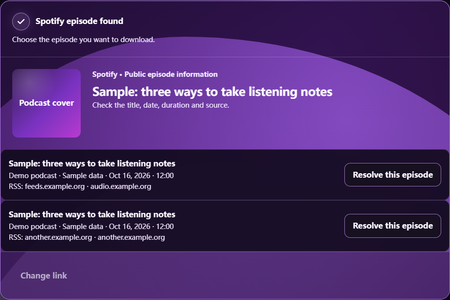 PodConverter Spotify demo results with two public RSS source matches, showing episode title, date, duration and a Resolve this episode button for each