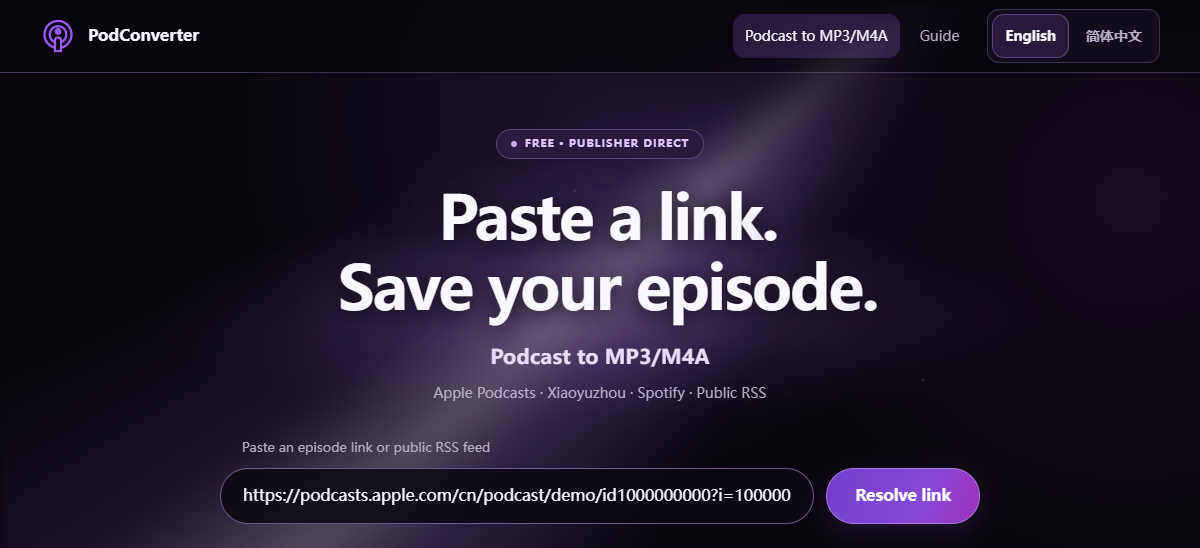 Current PodConverter homepage with the Podcast to MP3/M4A subtitle, left-aligned input label, a full episode URL and the Resolve link button