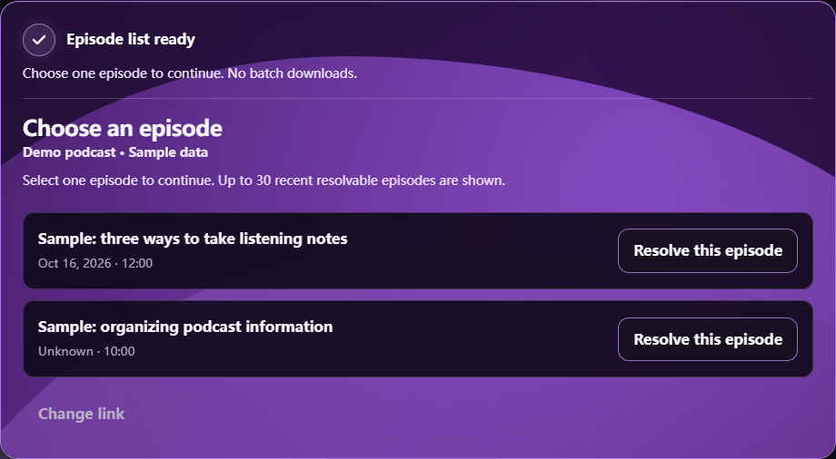 Local demo RSS episode selection card with a Resolve this episode button
